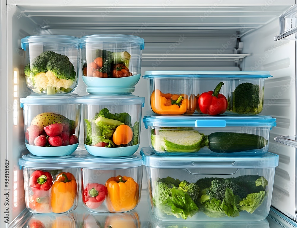 Efficiently Organized Refrigerator Shelves Stocked with Variety of Fresh Produce in Clear Containers Efficiently Organized Refrigerator Shelves Stocked with Variety of Fresh Produce in Clear Containers