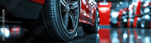 Wallpaper Mural Close-Up of a Modern Sports Car Wheel in a Showroom with Shiny Red Paint and Reflective Floor Torontodigital.ca