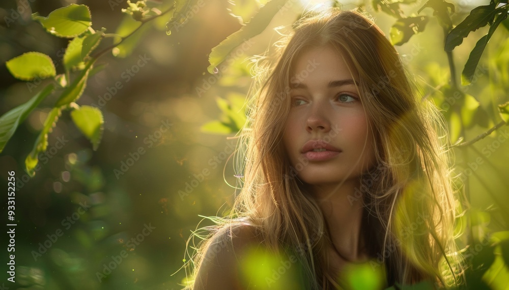 Portrait of Woman with Long Hair and Greenery in Background, Sunlight Filtering Through Trees, Natural and Beautiful Portrait of Woman with Long Hair and Greenery in Background, Sunlight Filtering Through Trees, Natural and Beautiful