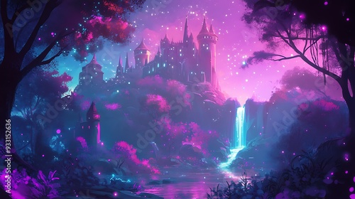 A Fantasy Castle Illuminated by a Waterfall and Glowing Lights