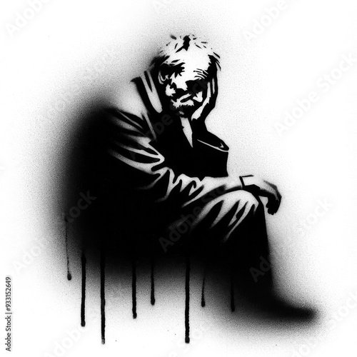 contemplating old man in stencil-art style,black and white, generative ai