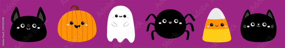 Happy Halloween icon set. Bat, Pumpkin with face, Ghost spirit, Black cat, Spider, Candy corn. Cute cartoon kawaii funny baby character. Childish style. Flat design. Isolated. Violet background Vector Happy Halloween icon set. Bat, Pumpkin with face, Ghost spirit, Black cat, Spider, Candy corn. Cute cartoon kawaii funny baby character. Childish style. Flat design. Isolated. Violet background Vector