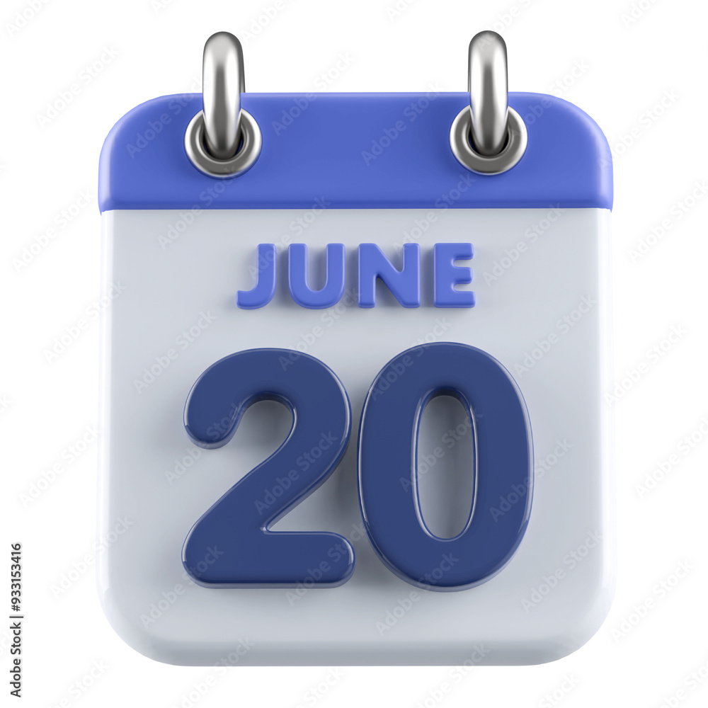 20th June Calendar Icon 3D Render 20th June Calendar Icon 3D Render