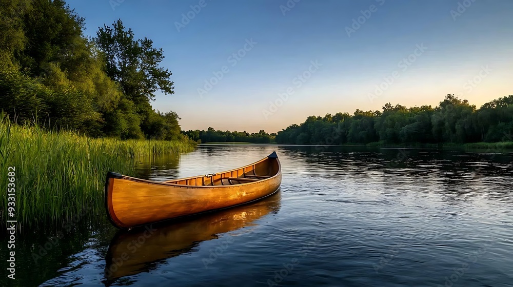 Wooden Canoe on a Still Lake at Sunset - Photo Wooden Canoe on a Still Lake at Sunset - Photo