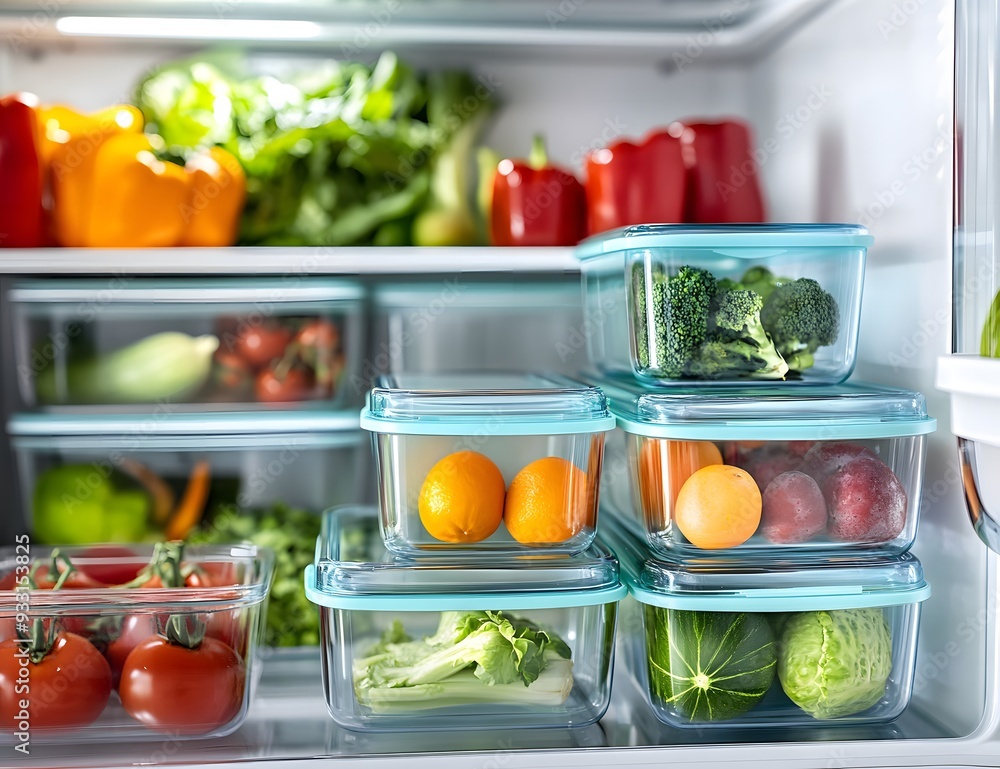 Efficiently Organized Refrigerator Shelves Stocked with Variety of Fresh Produce in Clear Containers