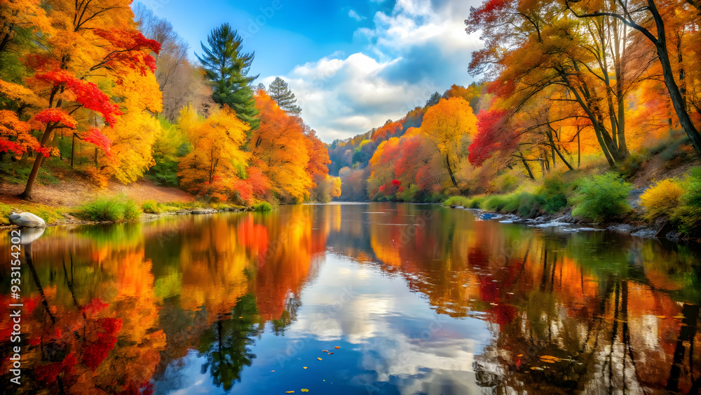 Photo Realistic as Autumn river with reflections of colorful leaves concept as A serene autumn river with reflections of vibrant fall leaves providing a clean and festive background for business prese Photo Realistic as Autumn river with reflections of colorful leaves concept as A serene autumn river with reflections of vibrant fall leaves providing a clean and festive background for business prese