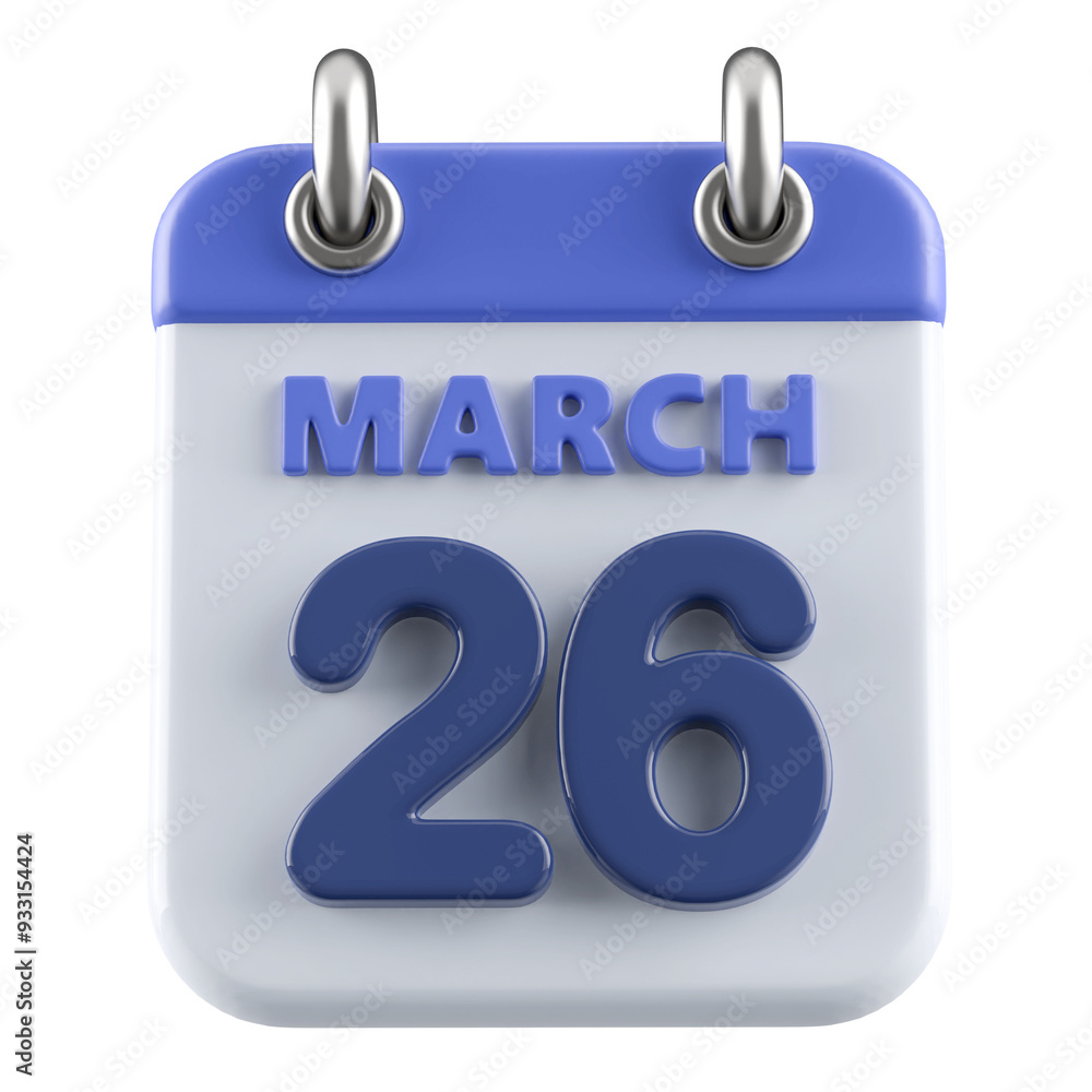 26th March Calendar Icon 3D Render 26th March Calendar Icon 3D Render