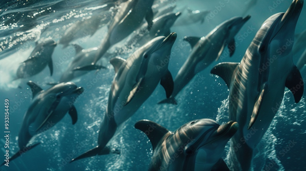 Obraz premium A group of dolphins submerges itself illustration generated by AI