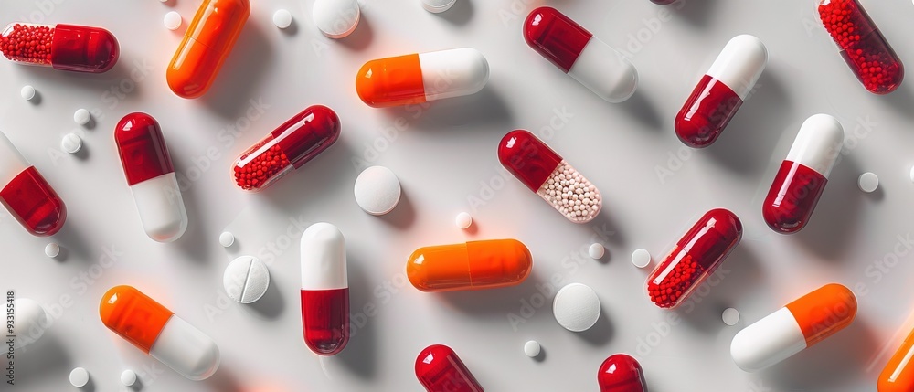 Set of scattered capsules on a white background Set of scattered capsules on a white background