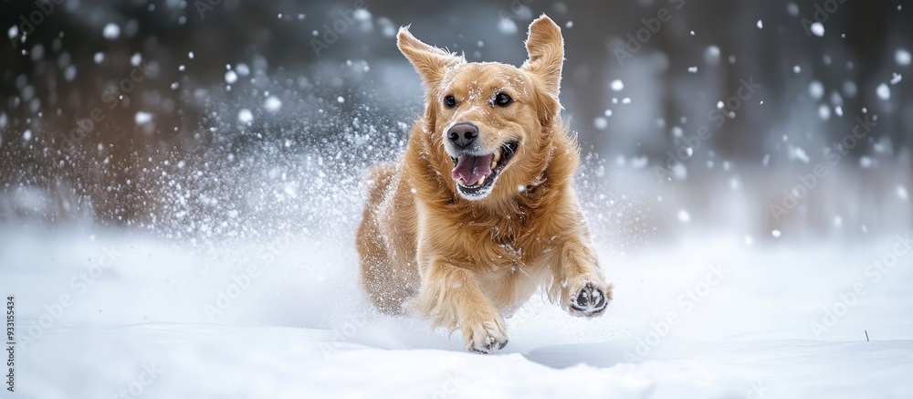 Golden Retriever Joyfully Running Through Snowy Landscape on a Winter Day Golden Retriever Joyfully Running Through Snowy Landscape on a Winter Day
