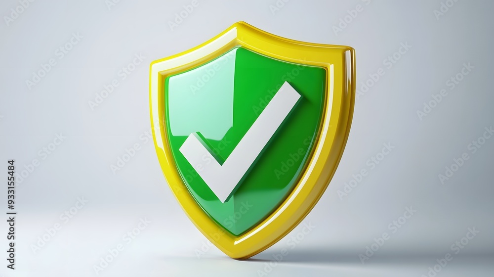 cartoon 3d Icon safety shield green check mark perspective . yellow symbol security safety icon. Green Checkmark in minimalistic style. 3d vector illustration. white background cartoon 3d Icon safety shield green check mark perspective . yellow symbol security safety icon. Green Checkmark in minimalistic style. 3d vector illustration. white background