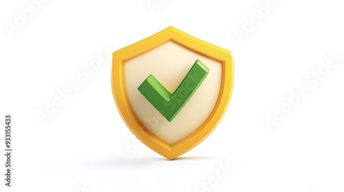 cartoon 3d Icon safety shield green check mark perspective . yellow symbol security safety icon. Green Checkmark in minimalistic style. 3d vector illustration. white background