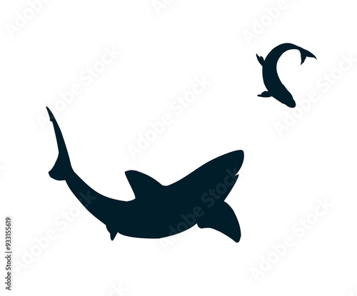 Silhouettes of a sea shark with fish.