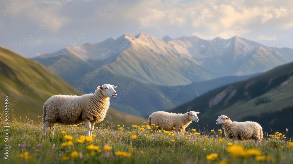 Fototapeta premium A group of sheep playfully interacting in a lush pasture with gentle slopes and wildflowers.
