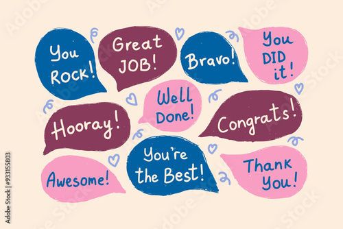 Set of speech bubbles with compliments, positive self-talk. Encouraging cute affirmations. Hand written vector compliments.