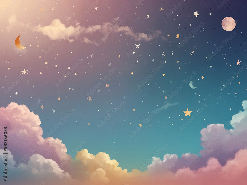 A poster featuring a pattern of cute, hand-drawn stars, moons, and little clouds, arranged playfully across a soft pastel gradient background, creating a dreamy, celestial aesthetic A poster featuring a pattern of cute, hand-drawn stars, moons, and little clouds, arranged playfully across a soft pastel gradient background, creating a dreamy, celestial aesthetic