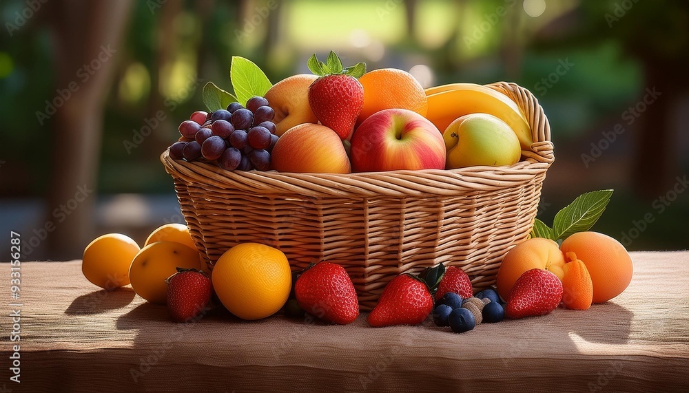 Freshly harvested organic fruits in a woven basket. Freshly harvested organic fruits in a woven basket.