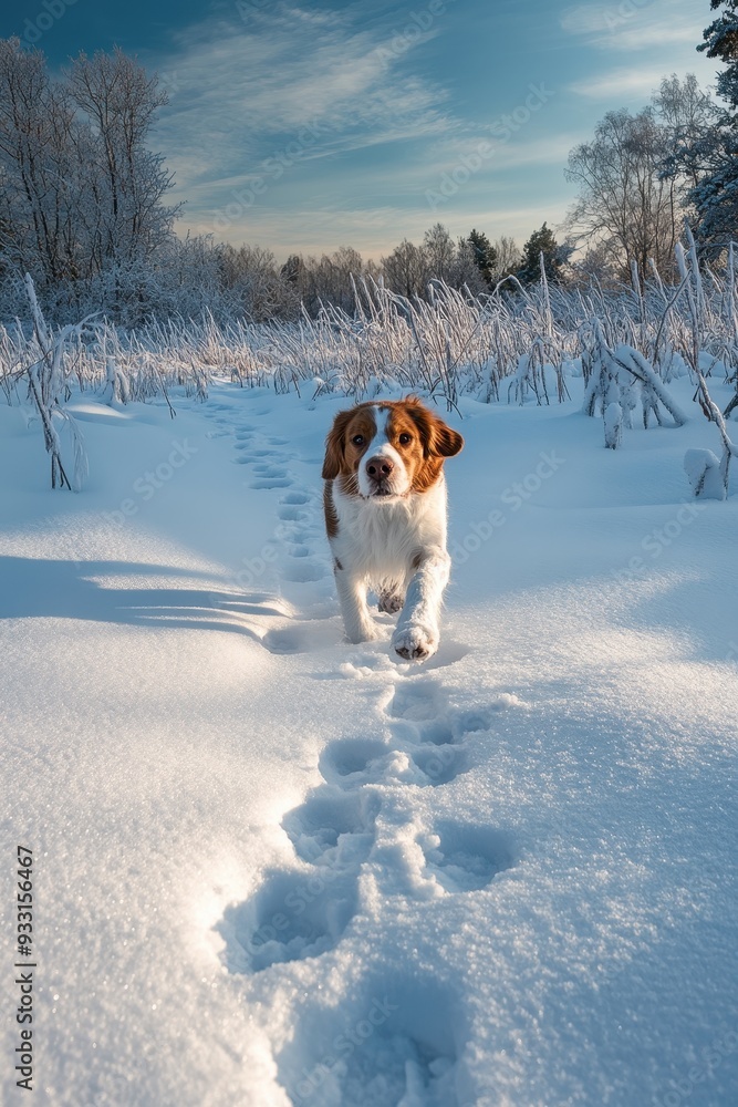 Playful Dog Walking Through Snowy Field on a Sunny Winter Day with Clear Blue Sky Playful Dog Walking Through Snowy Field on a Sunny Winter Day with Clear Blue Sky