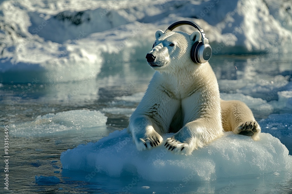 A polar bear is wearing headphones and laying on top of a block of ice A polar bear is wearing headphones and laying on top of a block of ice