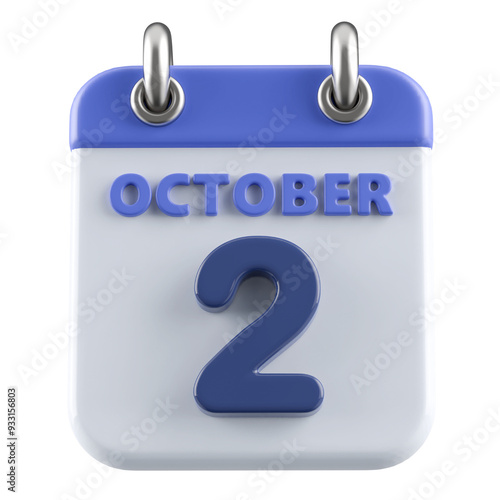 2nd October Calendar Icon 3D Render