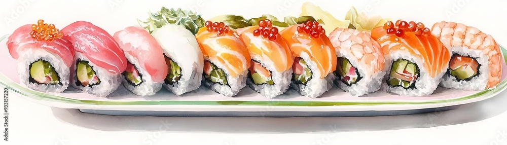 Sushi platter, delicate rolls with fresh ingredients, soft lighting, pastel pink and green accents, watercolor style Sushi platter, delicate rolls with fresh ingredients, soft lighting, pastel pink and green accents, watercolor style