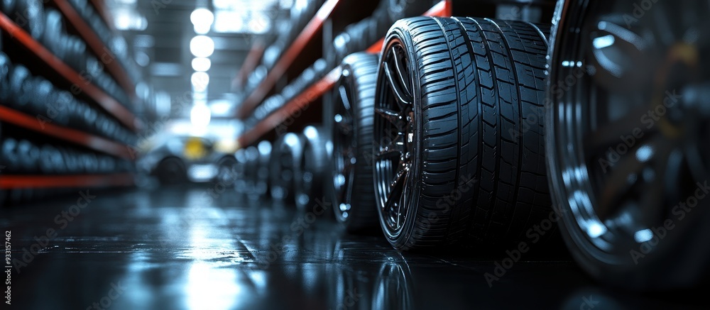 Fototapeta premium Close-up of Car Tires in a Modern Auto Shop with Shiny Floor and Shelves of Tires in Background