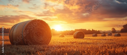 Fototapeta Naklejka Na Ścianę i Meble -  Golden Sunset Over Hay Bales in a Rural Field with Dramatic Sky and Warm Light