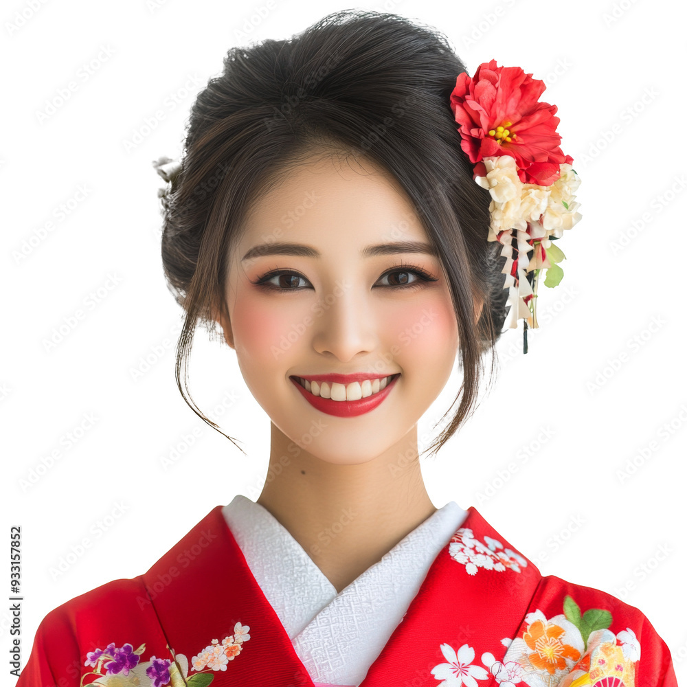 Beautiful Japanese Woman with Floral Hair Accessory in Traditional Attire on Transparent Background Beautiful Japanese Woman with Floral Hair Accessory in Traditional Attire on Transparent Background
