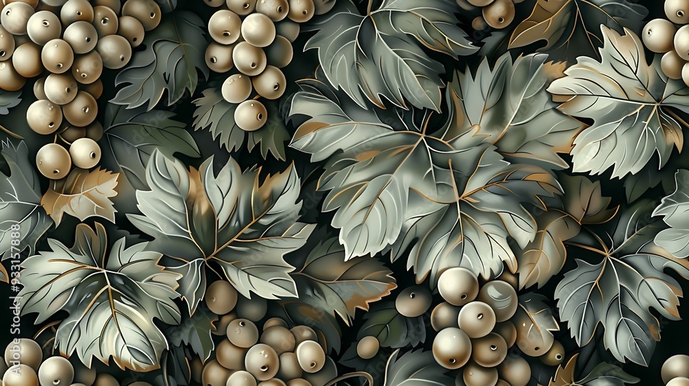 Fototapeta premium Seamless wallpaper design of vineyard elements, including detailed illustrations of grapevines, olive branches, and figs, soft earthy tones, rustic style, Mediterranean warmth, hand-drawn,