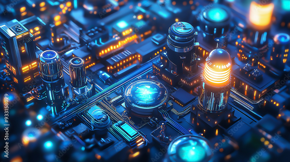 A futuristic energy hub with neon-lit power plants and advanced renewable energy sources A futuristic energy hub with neon-lit power plants and advanced renewable energy sources