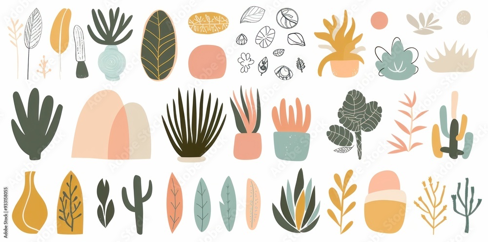 A vibrant collection of hand drawn plants and leaves in various shapes and sizes on a light background A vibrant collection of hand drawn plants and leaves in various shapes and sizes on a light background
