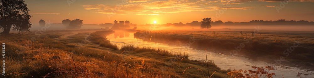 Picturesque dawn in the countryside, a river winding through foggy meadows as the sunrise paints the sky with warm, golden hues. Picturesque dawn in the countryside, a river winding through foggy meadows as the sunrise paints the sky with warm, golden hues.