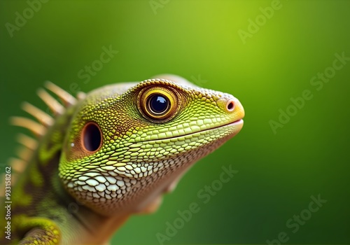 Detailed Close-up of a Green Crested Lizard with Intense Eyes photo