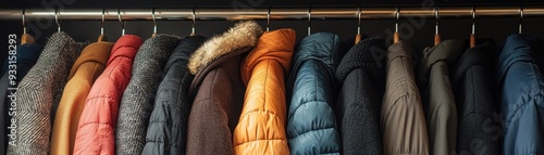 Colorful Winter Coats Hanging on a Rack in a Clothing Store Display