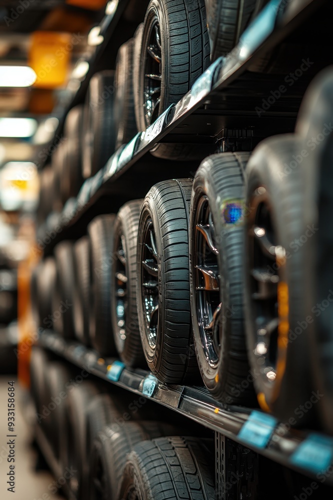 custom made wallpaper toronto digitalRows of New Tires on Shelves in an Auto Shop with Selective Focus and Blurred Background