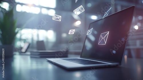 3D Render of Laptop with Floating Envelopes Illustrating Email Marketing or Spam Mails - Colorful Interface with Text Message Icons in a Modern Office Setting and Bokeh Effect