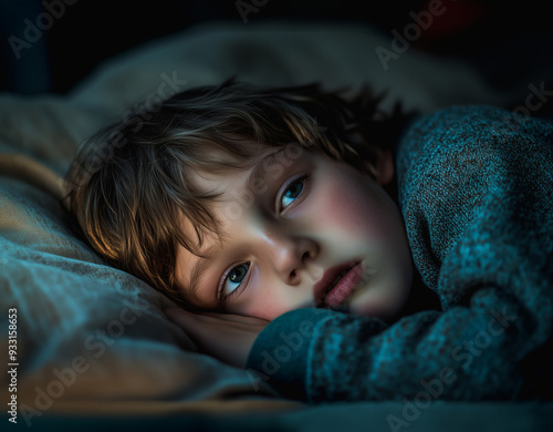 A young boy with brown hair and blue eyes, covered by a blanket in pajamas, lies restlessly in bed at night in a dimly lit room. photo