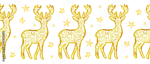 Watercolor Christmas seamless edging bordure with gold deer, new year golden ribbon design