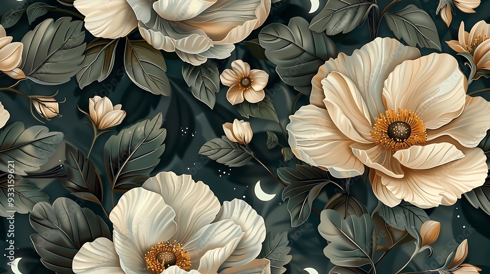 custom made wallpaper toronto digitalSeamless wallpaper design of vintage botanical illustrations featuring night-blooming flowers like moonflowers and jasmine, intertwined with crescent moons and stars,