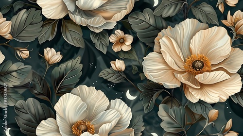 Wallpaper Mural Seamless wallpaper design of vintage botanical illustrations featuring night-blooming flowers like moonflowers and jasmine, intertwined with crescent moons and stars, Torontodigital.ca