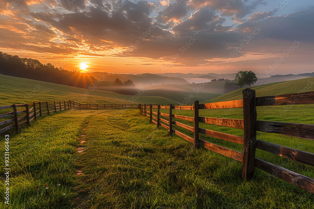 Obraz premium Picturesque landscape of a fenced ranch at sunrise, golden light illuminating rolling hills, wooden fence stretching into the horizon, vibrant sky, morning mist.