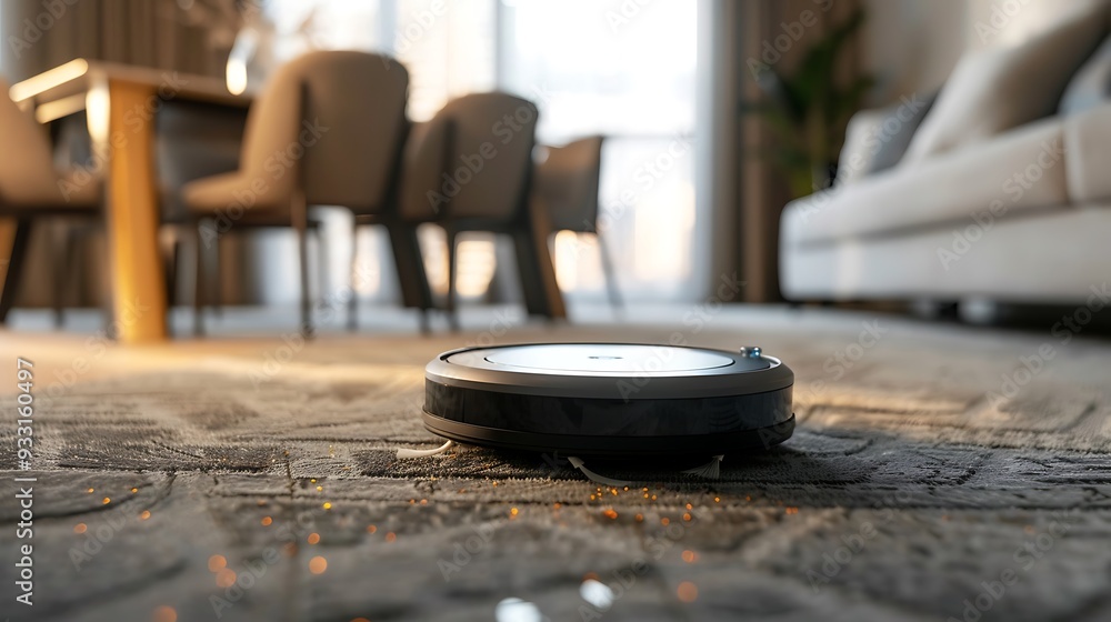Closeup of a robot vacuum device clearing particles from an updated eating space carpet Closeup of a robot vacuum device clearing particles from an updated eating space carpet