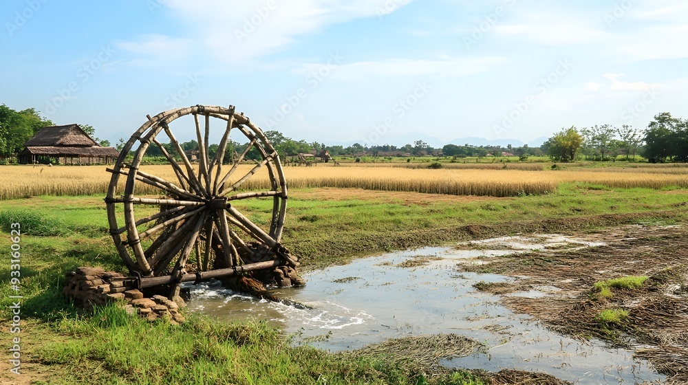 A traditional bamboo water wheel mechanism used for irrigation watering crops in a picturesque rural agricultural field The wheel lifts water from a nearby stream or pond A traditional bamboo water wheel mechanism used for irrigation watering crops in a picturesque rural agricultural field The wheel lifts water from a nearby stream or pond