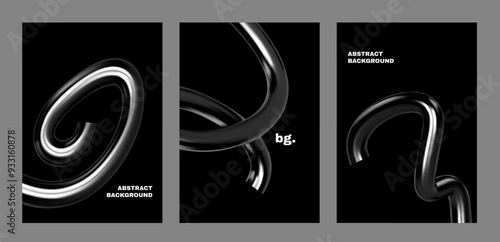 3d chrome spiral template. Silver metal curve element on black background. Y2k fluid wave, flow swirl, 3d path. Dynamic steel shapes. Set vector trend 3d illustration