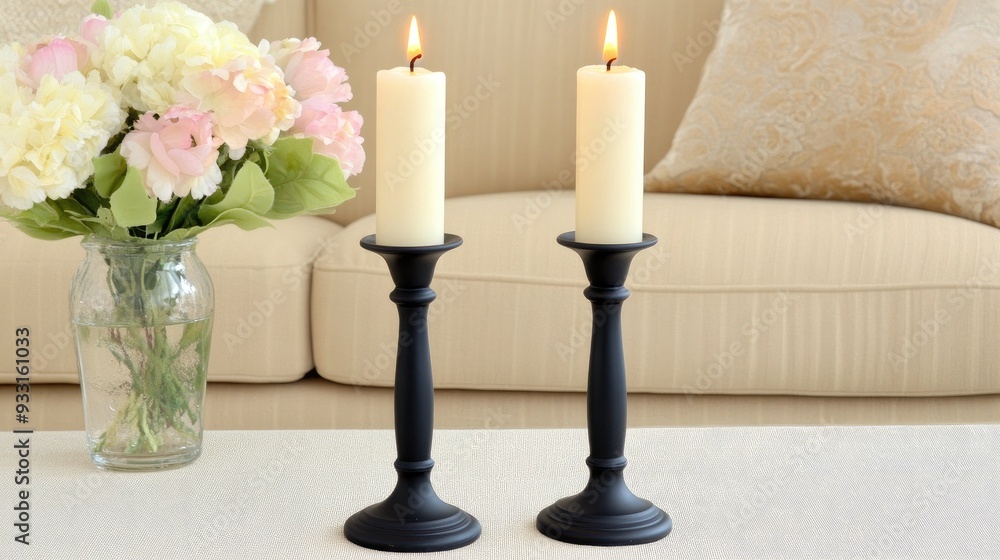 Elegant black metal candlesticks with lit candles and spring flowers by a beige sofa Elegant black metal candlesticks with lit candles and spring flowers by a beige sofa