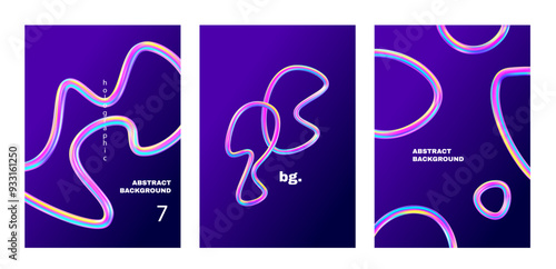 3d chrome holographic spiral template. Silver metal curve element on violet gradient background. Y2k fluid wave, flow swirl, 3d path. Dynamic line shapes. Set vector trend 3d illustration