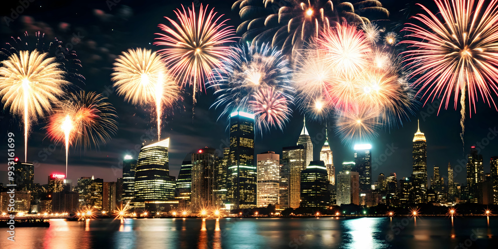 Photo Realistic as City skyline with fireworks concept as A dynamic city skyline with fireworks celebrating hard work and progress ideal for business presentations needing a clean and festive backgrou Photo Realistic as City skyline with fireworks concept as A dynamic city skyline with fireworks celebrating hard work and progress ideal for business presentations needing a clean and festive backgrou