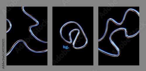 3d chrome spiral template. Silver metal curve element on black background. Y2k fluid wave, flow swirl, 3d path. Dynamic steel shapes. Set vector trend 3d illustration