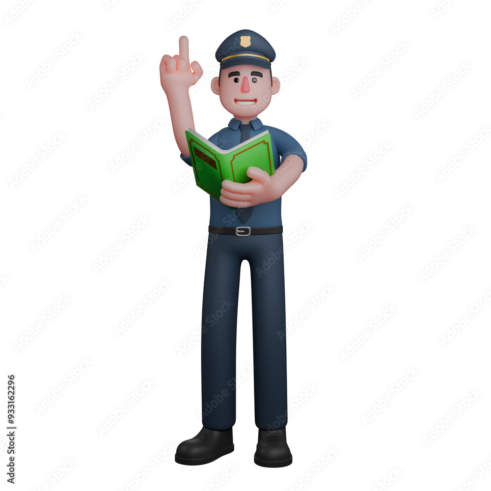 3D Male Law Character. A smiling police officer is holding an open green book in his hands while raising his index finger. Police Professional 3D Male Law Character. A smiling police officer is holding an open green book in his hands while raising his index finger. Police Professional