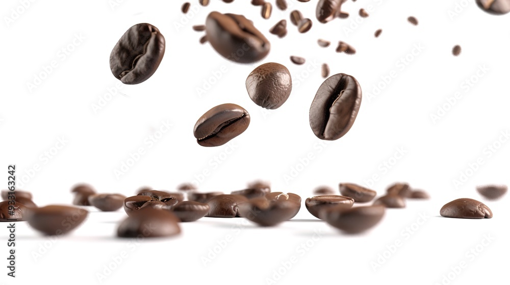 Flying and Falling Fresh Coffee Beans on a White Background. Dynamic Scene Capturing Coffee Beans in Mid-Air and Descending, Flying and Falling Fresh Coffee Beans on a White Background. Dynamic Scene Capturing Coffee Beans in Mid-Air and Descending,